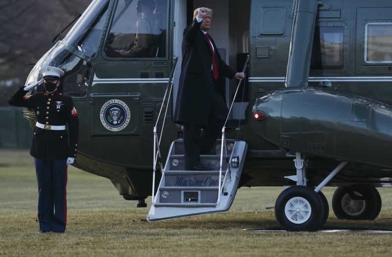 WASHINGTON, DC - JANUARY 20: President Donald Trump and first lady Melania Trump board Marine One as they depart the White House on January 20, 2021 in Washington, DC. President Trump is making his scheduled departure from the White House for Florida, sev