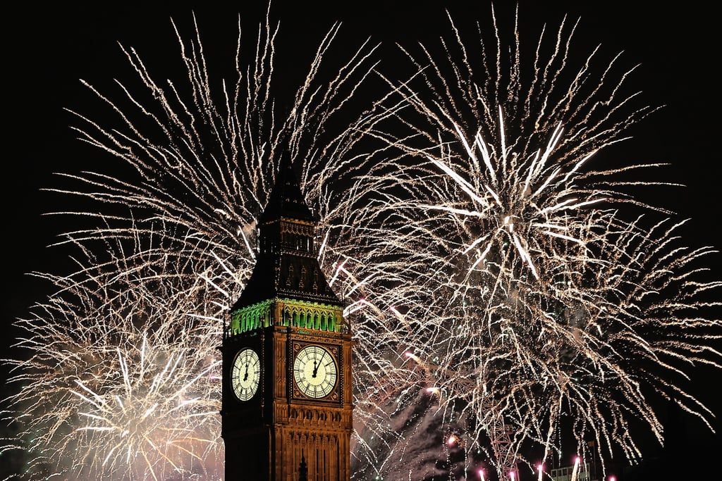 Big Ben was surrounded by fireworks at midnight.