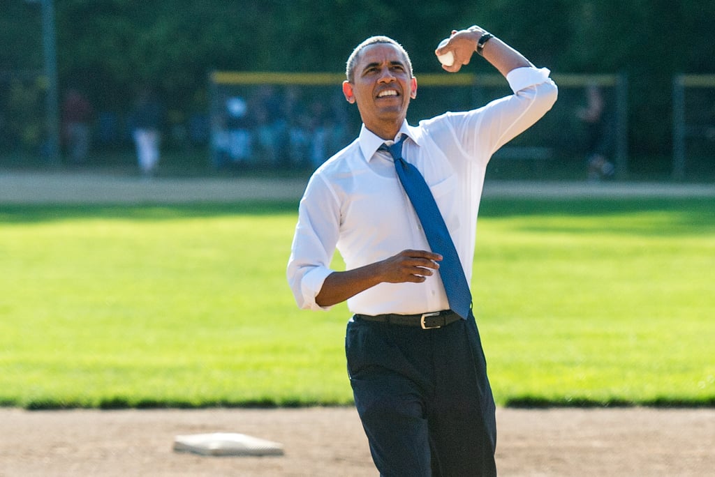 Pitching a baseball at a little league game in 2014.