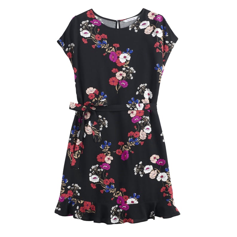 Tie Waist Dress in Jet Black Falling Floral