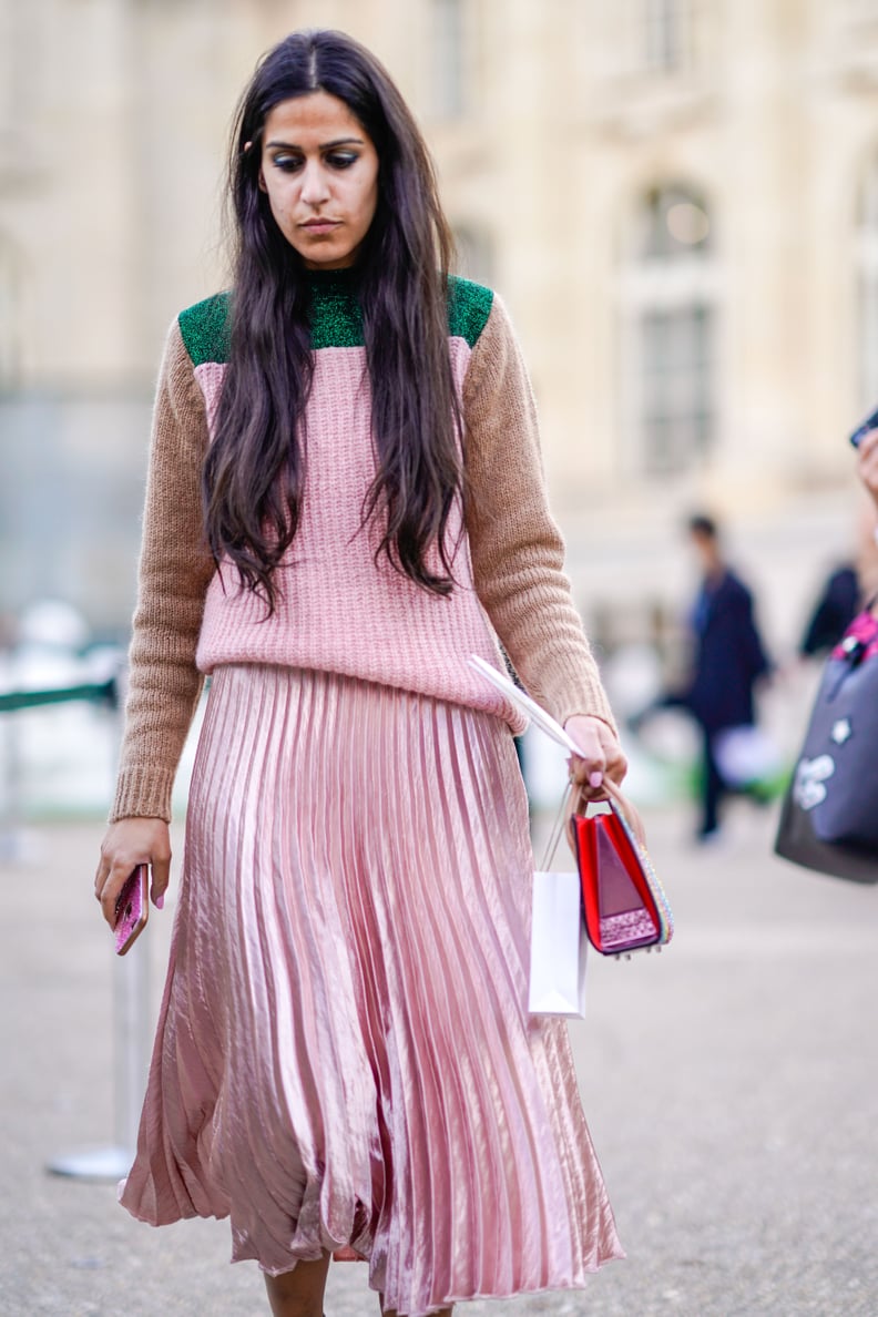 Wear a Sparkly, Pleated Skirt With a Colorblock Sweater