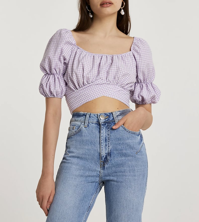 River Island Purple Puff-Sleeve Gingham Crop Top