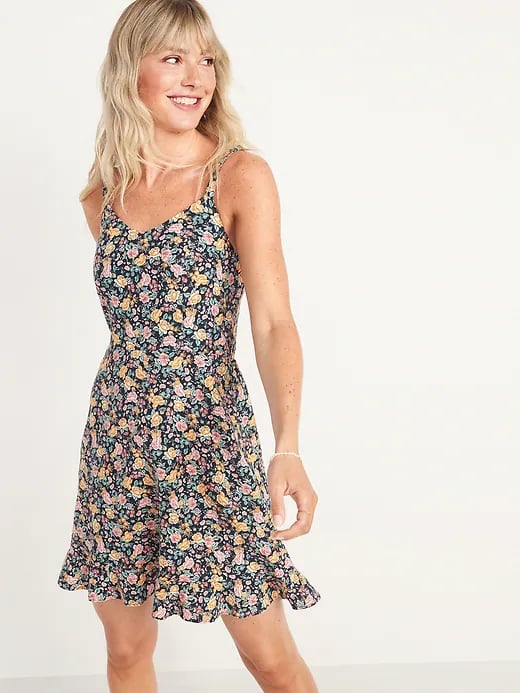 Old Navy Fit and Flare Sleeveless Floral-Print Linen-Blend Dress