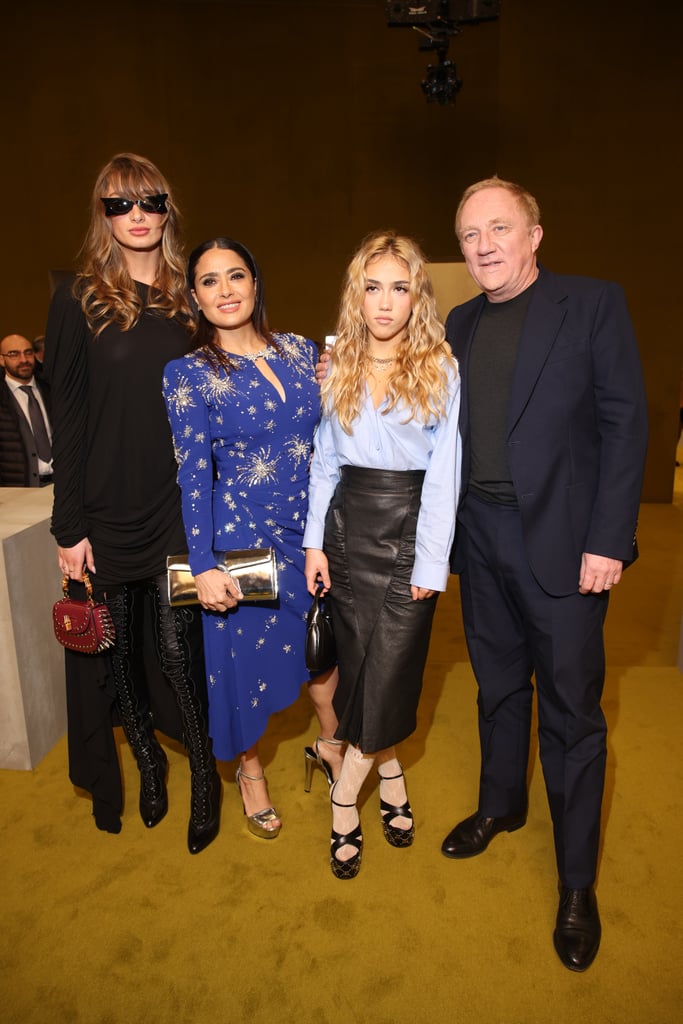 Salma Hayek turned Milan Fashion Week into a family affair on Friday. The 56-year-old actor attended Gucci's fashion show with husband François-Henri Pinault, their 15-year-old daughter Valentina Paloma Pinault, and his 22-year-old daughter Mathilde Pinault, whom he shares with ex-wife Dorothée Lepère. The foursome coordinated their outfits in matching shades of blue and black and posed for photos together inside the star-studded event, which also brought out A$AP Rocky, Halle Bailey, DDG, Florence Welch, and Julia Garner. 
The foursome's latest outing comes on the heels of the release of Hayek's new movie "Magic Mike's Last Dance" alongside Channing Tatum. In a recent interview with Marie Clare UK, Hayek opened up about what initially appealed to her about the film, saying it all came down to not being away from her family for too long. "When it comes to [taking on] a character, the criteria is, 'Can I do the movie and not be apart from my family for more than two weeks?" she told the publication. "I've been doing that for 16 years . . . it limits my choices; there have been projects where I've had to pull out because I was going to be away for two weeks and I couldn't afford to do that." She added: "Imagine what that does to my children; imagine how good that is for my children to see."
Hayek and François-Henri tied the knot on Valentine's Day in 2009. Hayek is also stepmom to her husband's two other children, François, 25, and Augustin James Evangelista, 16, from his previous marriage to Lepère. "I have four [children] and right now only one [Valentina] is living with us, but I have four. I live for them," Hayek told Marie Claire UK. 
See more photos of Hayek and her fashionable family at Milan Fashion Week ahead.

    Related:

            
            
                                    
                            

            Salma Hayek&apos;s Daughters Are the New Style Stars to Watch at Fashion Week