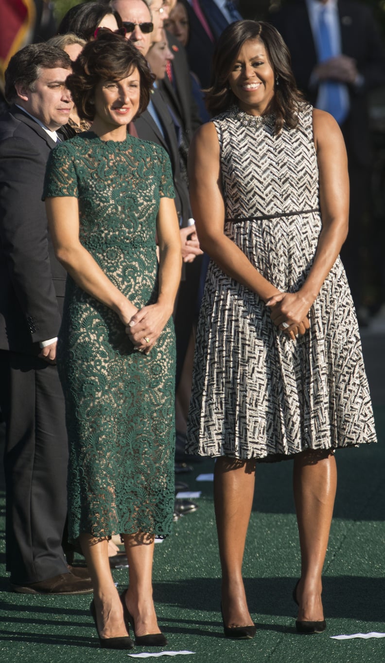 Agnese Wore a Lace Valentino Dress to Greet Michelle and Barack Obama