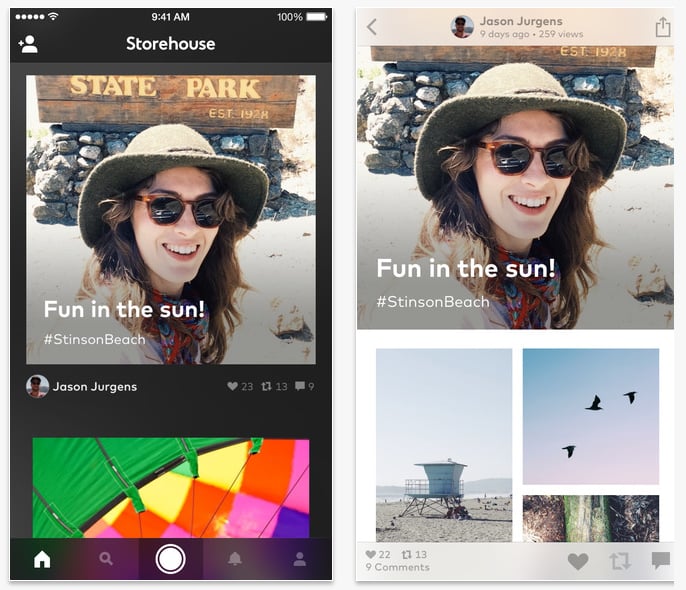 Storehouse (free, iOS) — Create and share embeddable stories by combining photos, videos, and text in beautiful, customizable layouts.