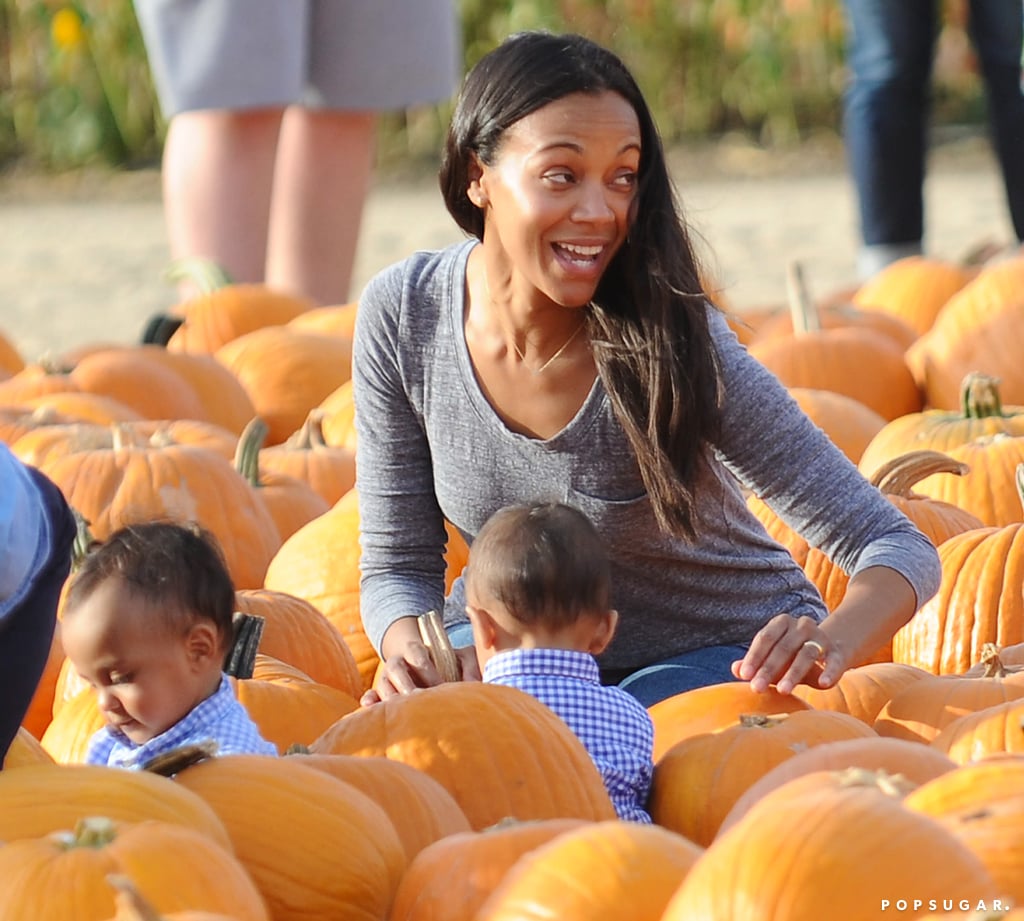 Zoe Saldana and Marco Perego Take Twins to the Pumpkin Patch