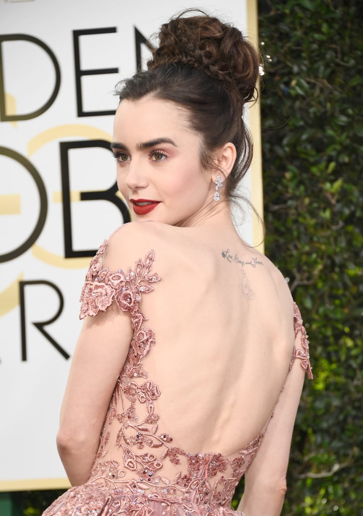 Lily Collins Hair and Makeup at the 2017 Golden Globes