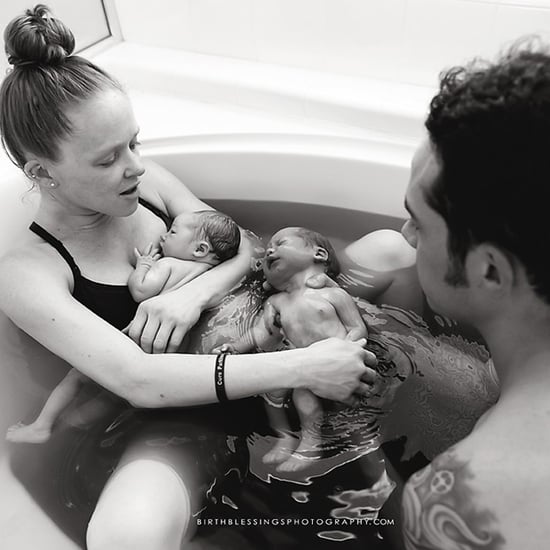 Birth Photos of Dad Delivering Twins in Tub