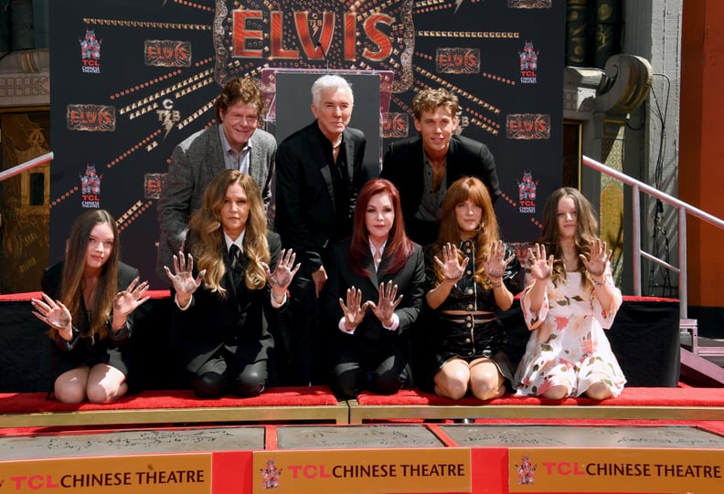 HOLLYWOOD, CALIFORNIA - JUNE 21: (Top L-R) Steve Binder, Baz Luhrmann, Austin Butler, (Bottom L-R) Harper Vivienne Ann Lockwood, Lisa Marie Presley, Priscilla Presley, Riley Keough, and Finley Aaron Love Lockwood attend the Handprint Ceremony honoring Pri