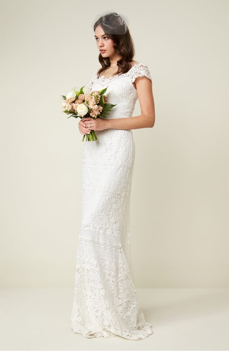 tadashi shoji off the shoulder illusion lace gown