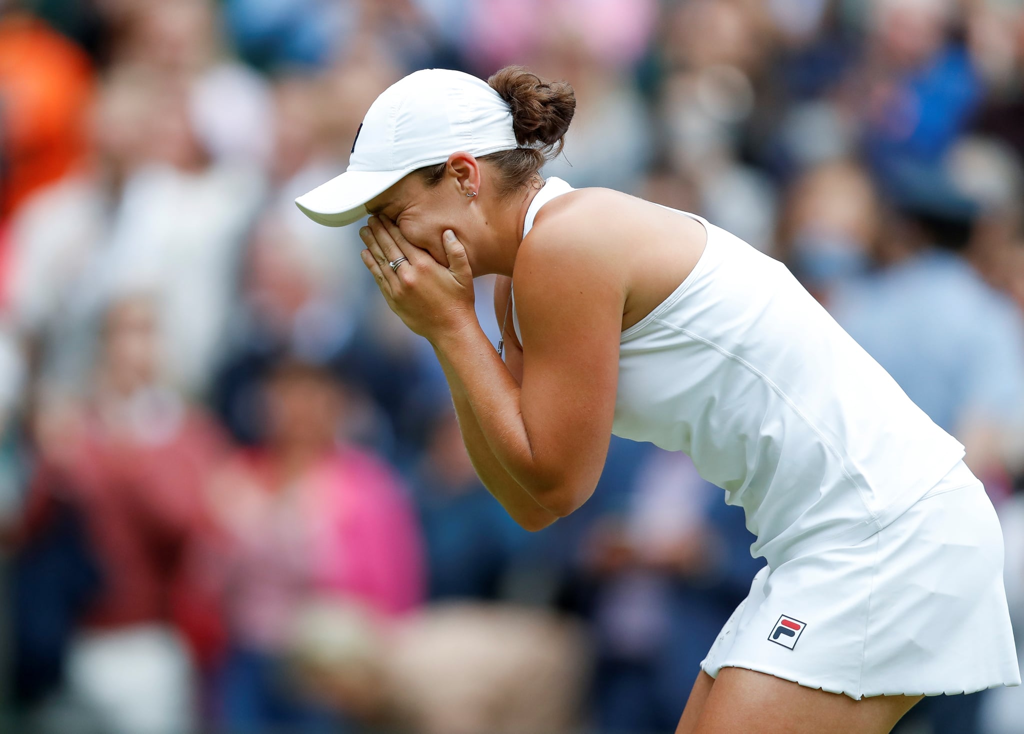 Ashleigh Barty of Australia celebrates after the women's singles final between Ashleigh Barty of Australia and Karolina Pliskova of the Czech Republic at Wimbledon tennis Championship in London, Britain, on July 10, 2021. (Photo by Han Yan/Xinhua via Getty Images)