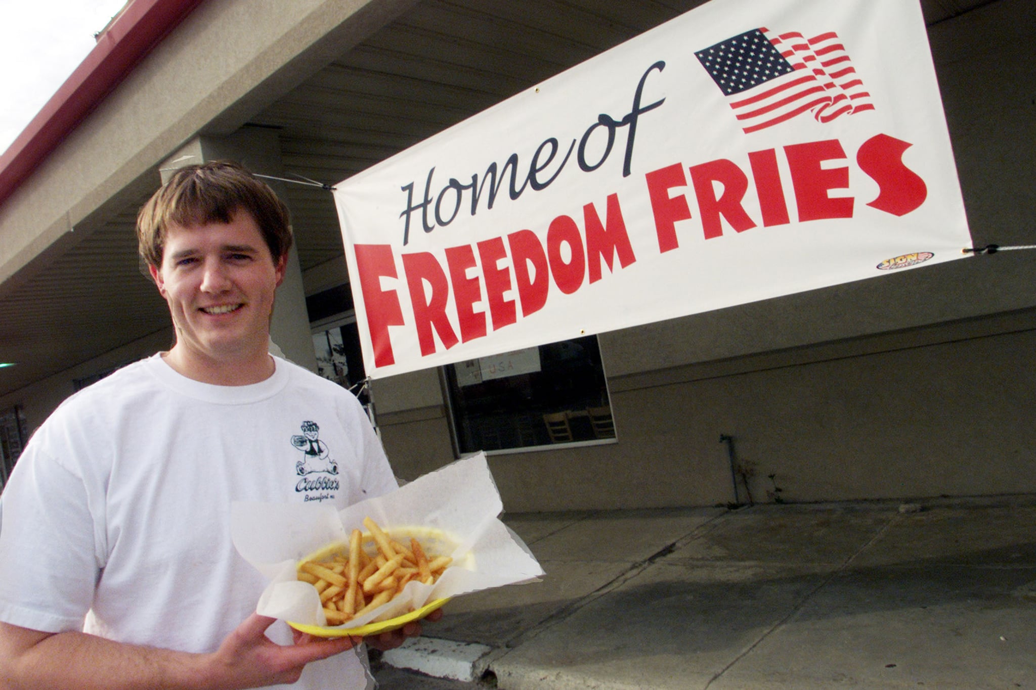 Restaurant owner changed name of French fries, to Freedom Fries to show his disgust with the French government's Iraq policy. Restaurant owner changed name of French fries, to Freedom Fries to show his disgust with the French government's Iraq policy.