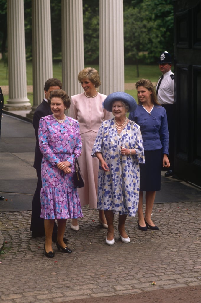 Her Majesty and Princess Diana celebrate The Queen Mother's 88th birthday at Clarence House in 1988 along with Lady Sarah Armstrong Jones.