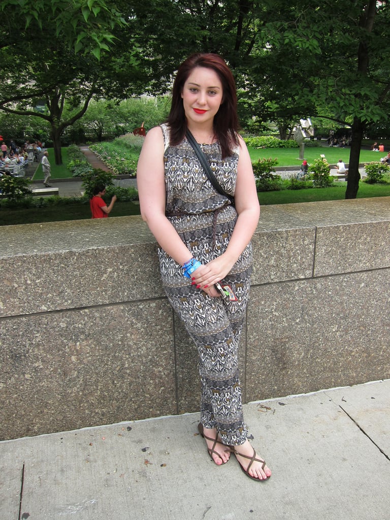 One of the most daring style choices you can make at a hot, outdoor Summer festival is wearing pants. Isabel's printed Forever 21 jumpsuit, cinched with a woven belt, was both bold and refreshing.