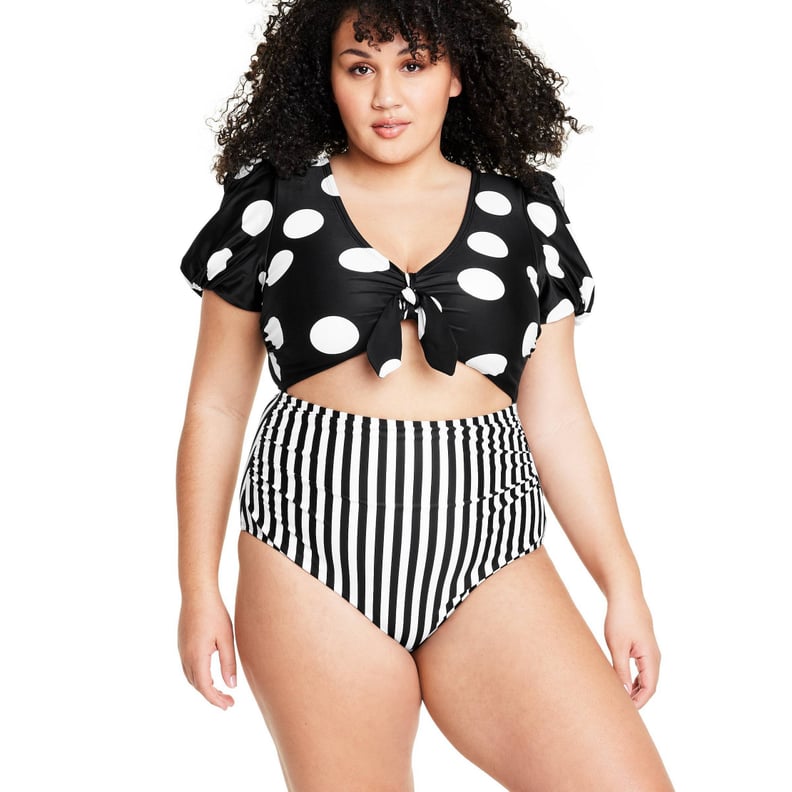 Mixed Prints: Tabitha Brown For Target Striped/Dot Print Puff Sleeve Tie-Front One Piece Swimsuit