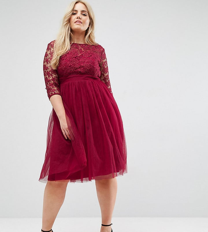 Little Mistress Plus Short Sleeve Lace Bodice Midi Dress With Tulle Skirt Sexy Red Dresses For