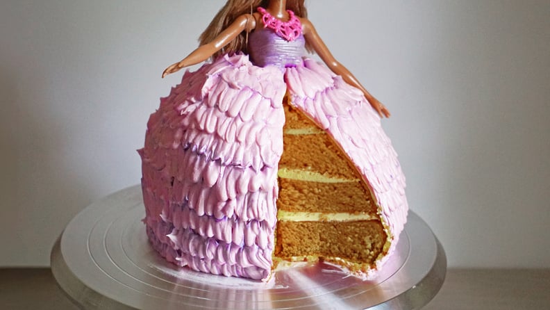 barbie cake: finished recipe with a slice cut in