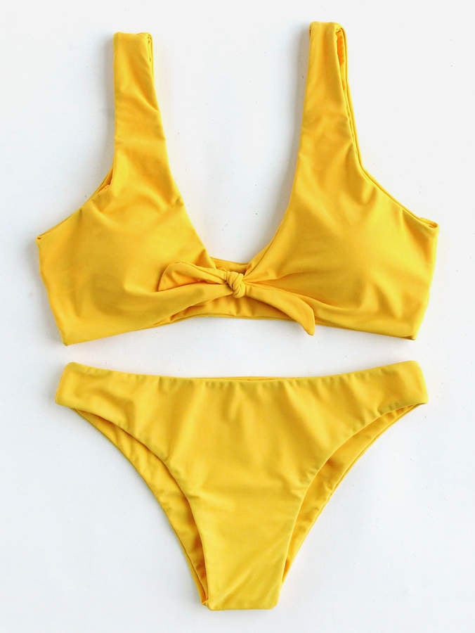 Romwe Bow Tie-Front Plunge Neckline Bikini Set