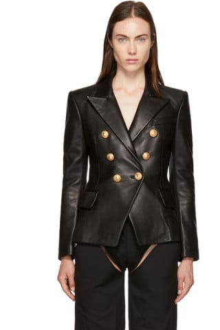 Balmain Black Six-Button Leather Blazer