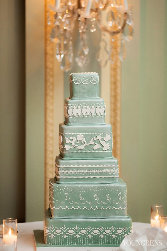 Six tiers are just enough to capture all the gorgeous details of this cake — the color stands out for good reason, and the lace-like icing is a delicate, classic touch.
