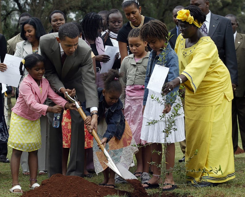 Planting a tree with his family and Nobel Prize winner Wangari Maathai while visiting Kenya in 2006