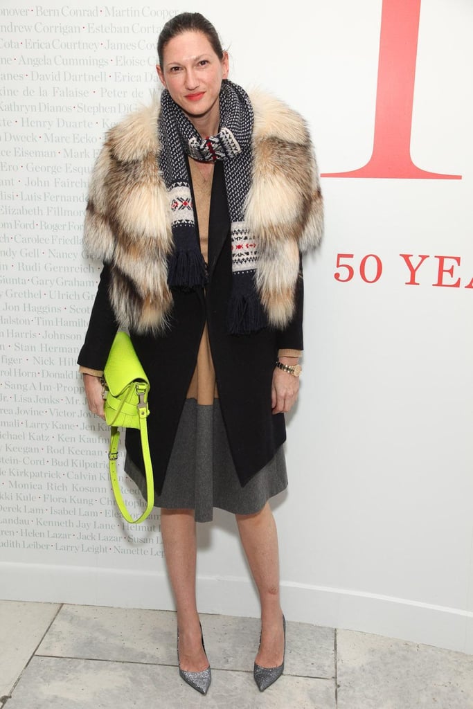 Fur and heels juxtaposed against a neon schoolboy satchel and knit scarf adds up to the sort of intrigue we've come to expect from the J.Crew chief.