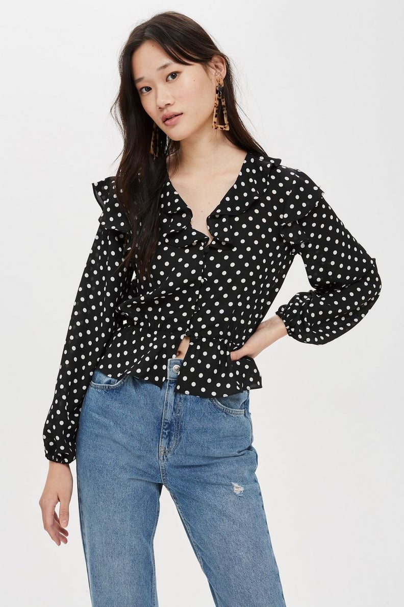 Topshop Frill Polka Dot Button Front Blouse