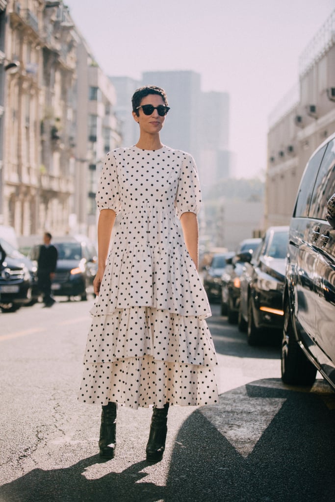 Black boots toughen up a polka-dot dress. | Polka Dots Outfit Ideas ...