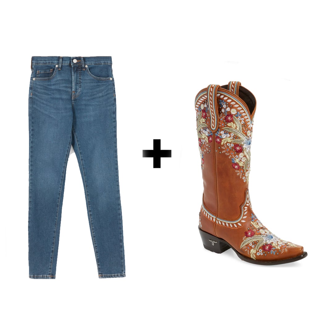 Everlane The Authentic Stretch Mid-Rise Skinny ($68) + Lane Boots Chloe Floral Embroidered Western Boot ($475)