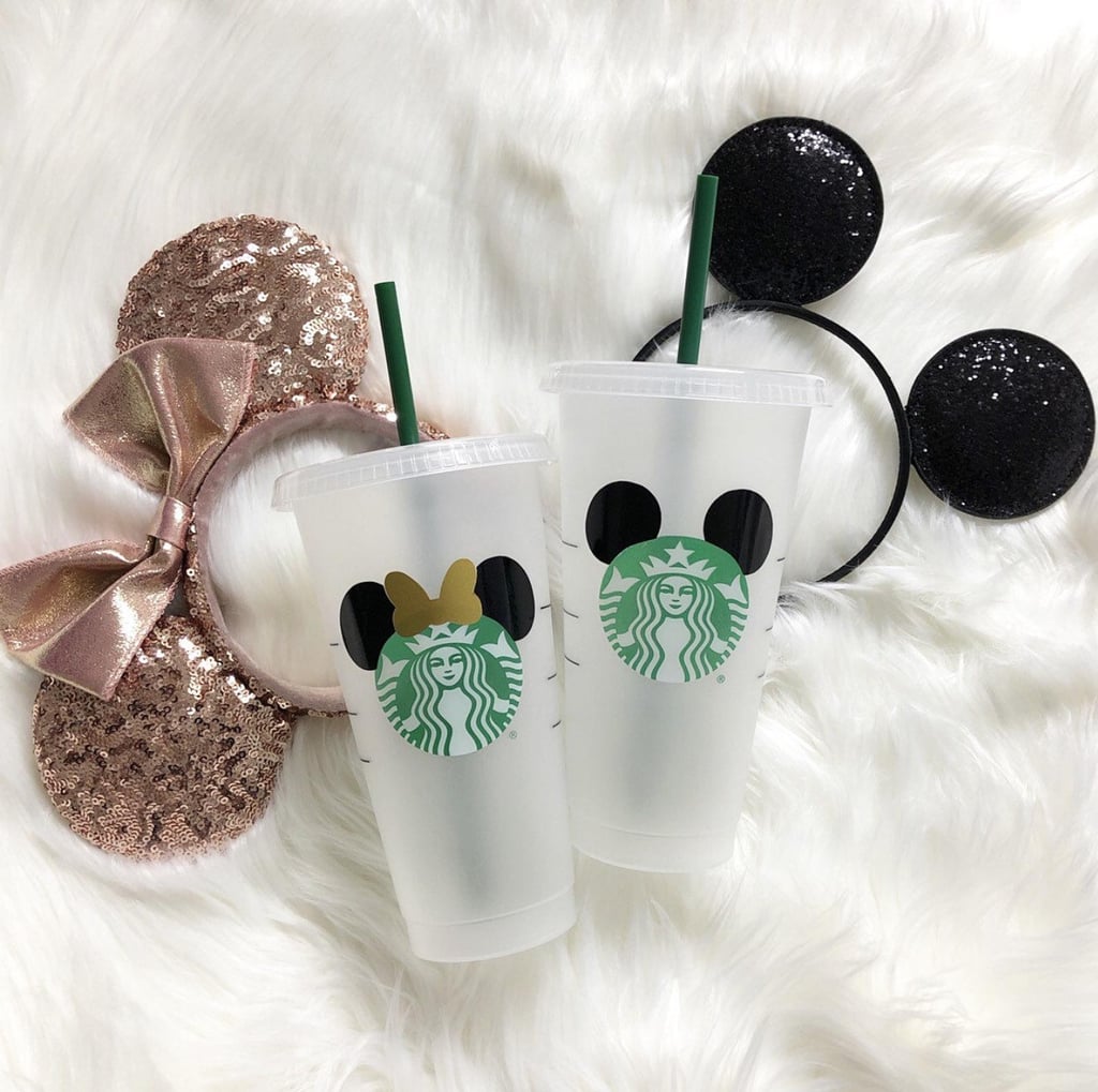 Mickey and Minnie Mouse Ears Personalized Iced Coffee Cup Set