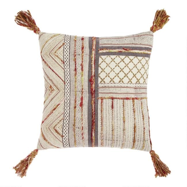 Warm Block Print Throw Pillow With Tassels