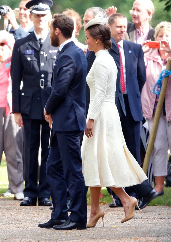 At Princess Charlotte's christening Pippa once again chose a cream color scheme, this time from Emilia Wickstead. The high collar works well on her, as does the similarly retro-flavored textured fabric.