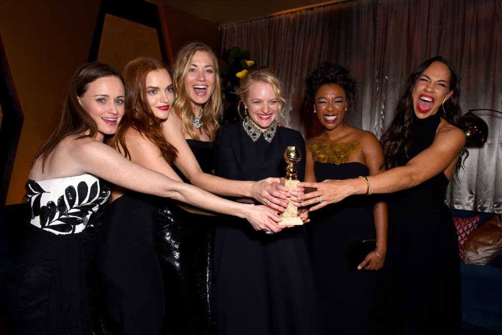 The Handmaid's Tale stars Alexis Bledel, Madeline Brewer, Yvonne Strahovski, Elisabeth Moss, Samira Wiley, and Amanda Brugel enjoyed a photo op after the Hulu show won best television drama series at the 2018 ceremony.