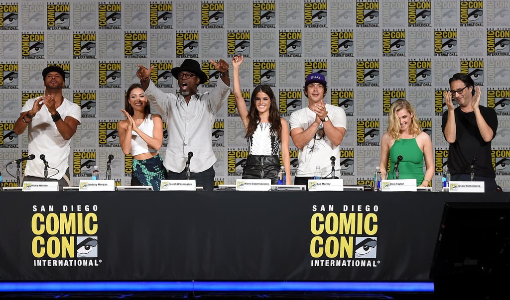 Pictured: Ricky Whittle, Lindsey Morgan, Isaiah Washington, Marie Avgeropoulos,Bob Morley, Eliza Taylor, and producer Jason Rothenberg.