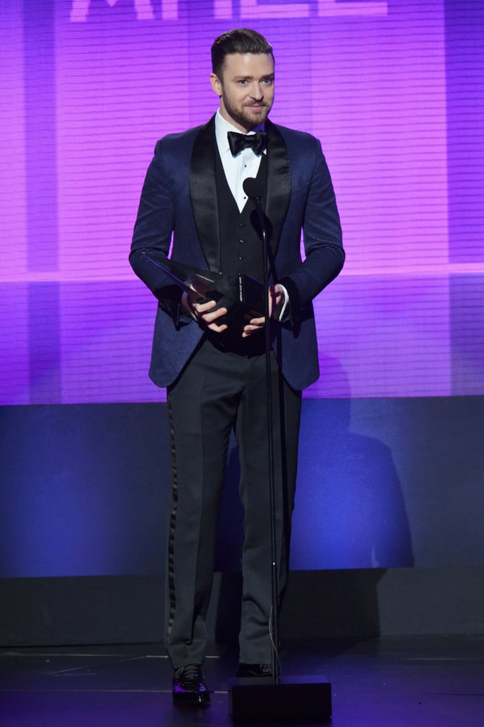 To accept his honors at this year's American Music Awards, Justin Timberlake rocked yet another smart tux — this time with a navy jacket, black pants, and a matching bow tie.