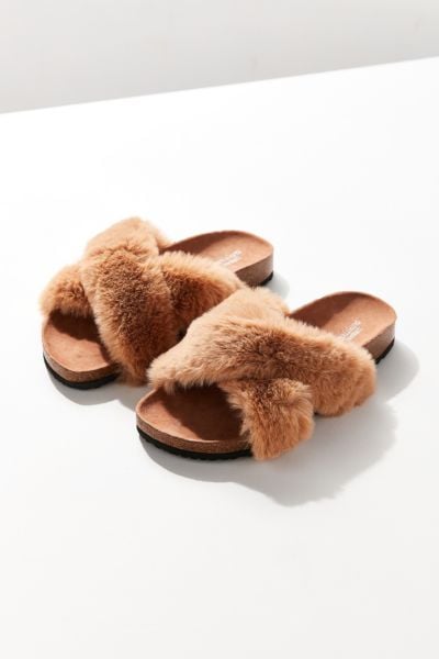 Crossed Faux Fur Slides