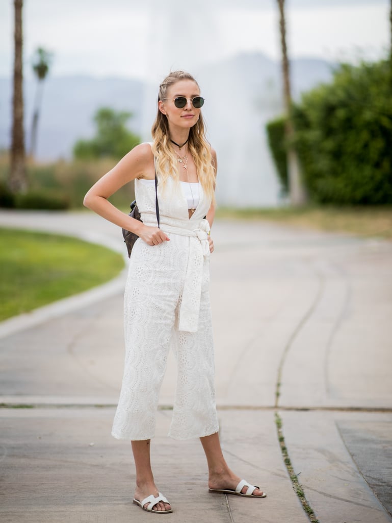 A white jumpsuit with coordinated sandals is ideal for light Summer style.