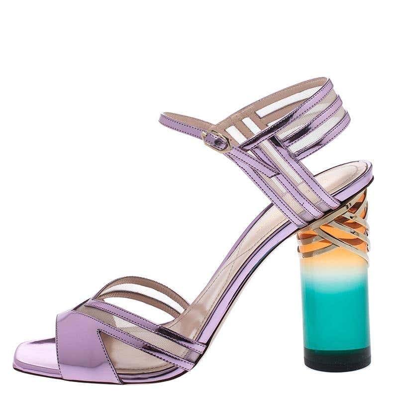 Nicholas Kirkwood Metallic Purple Leather Lucite Ankle Strap Sandals