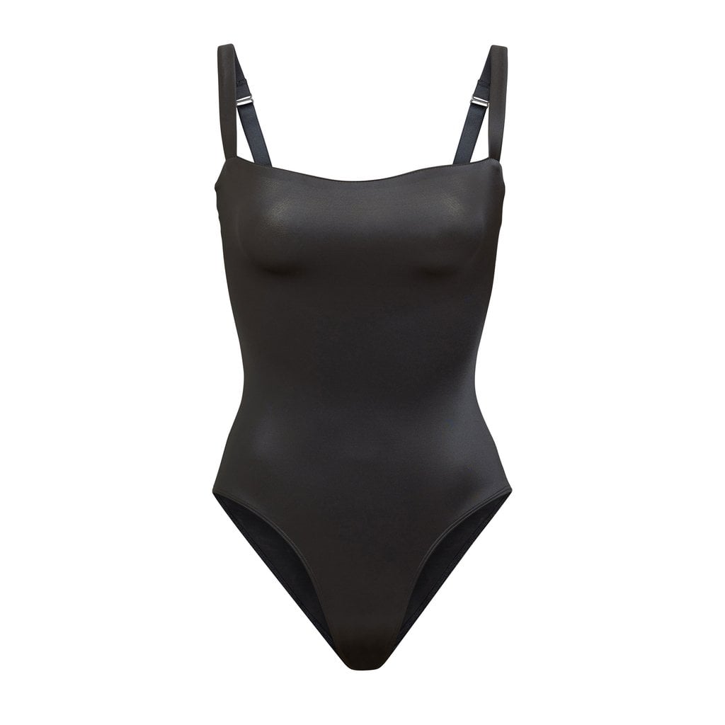 SKIMS Stretch Satin Smoothing Bodysuit in Onyx