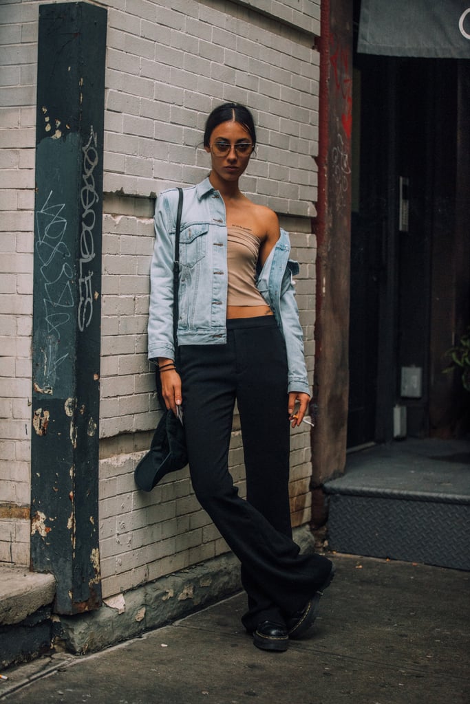 Another warm-weather take on double denim? Light wash jacket, dark jeans, and a tube top.