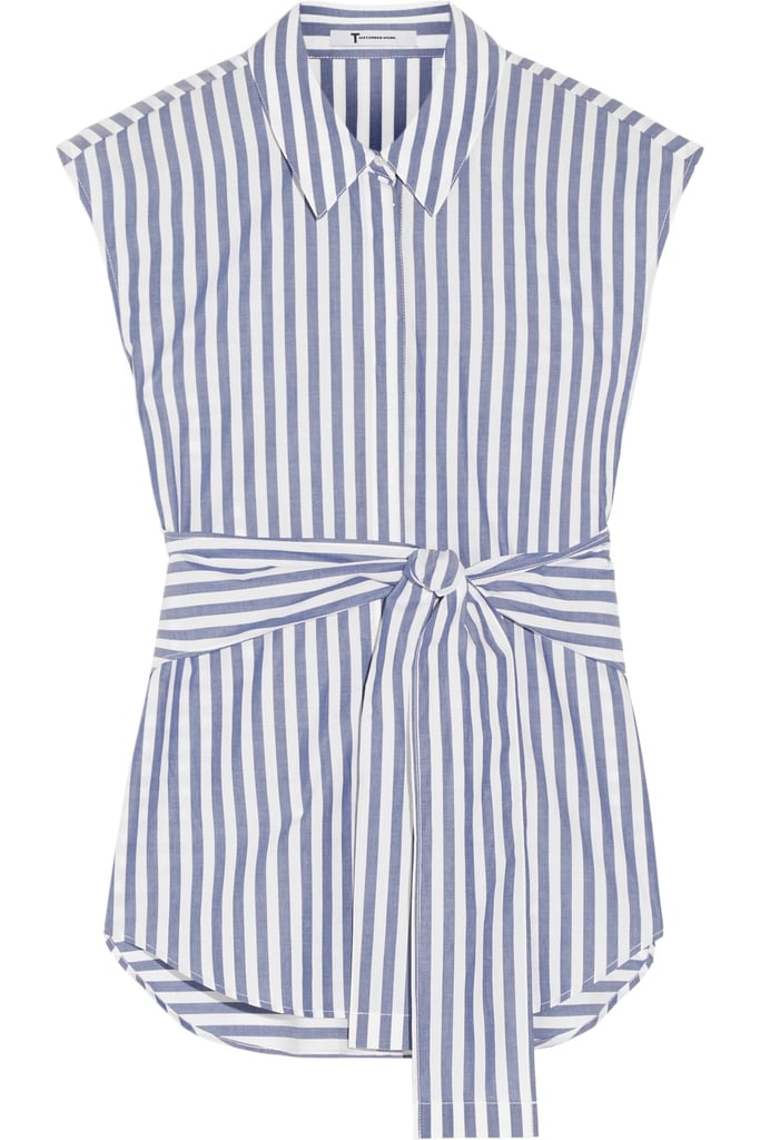 Alexander Wang Tie-front Striped Cotton-poplin Shirt - Blue | Striped ...
