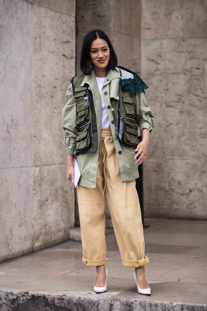 Double up on utility by pairing a multi-pocked jacket with drawstring trousers in differing neutral tones.