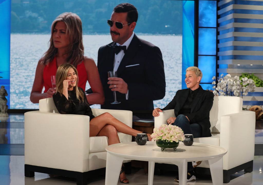 Jennifer Aniston Black Dress and Studded Sandals on Ellen