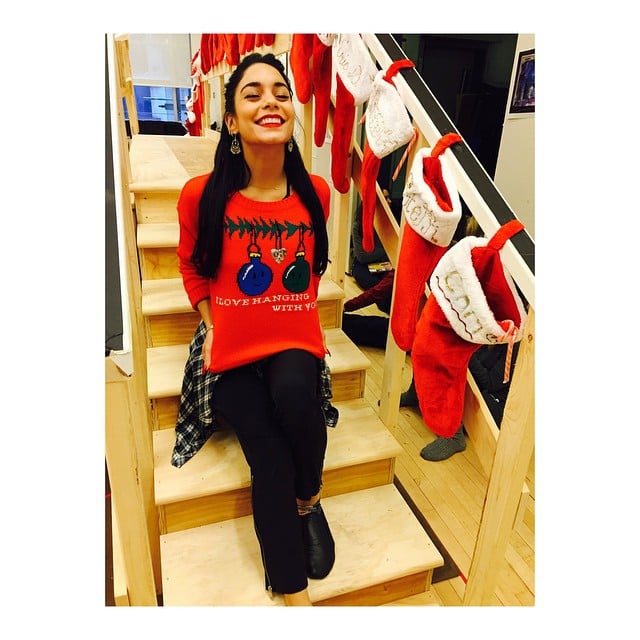 Vanessa Hudgens gave us a peek at her too-cute holiday sweater. Vanessa Hudgens gave us a peek at her too-cute holiday sweater.