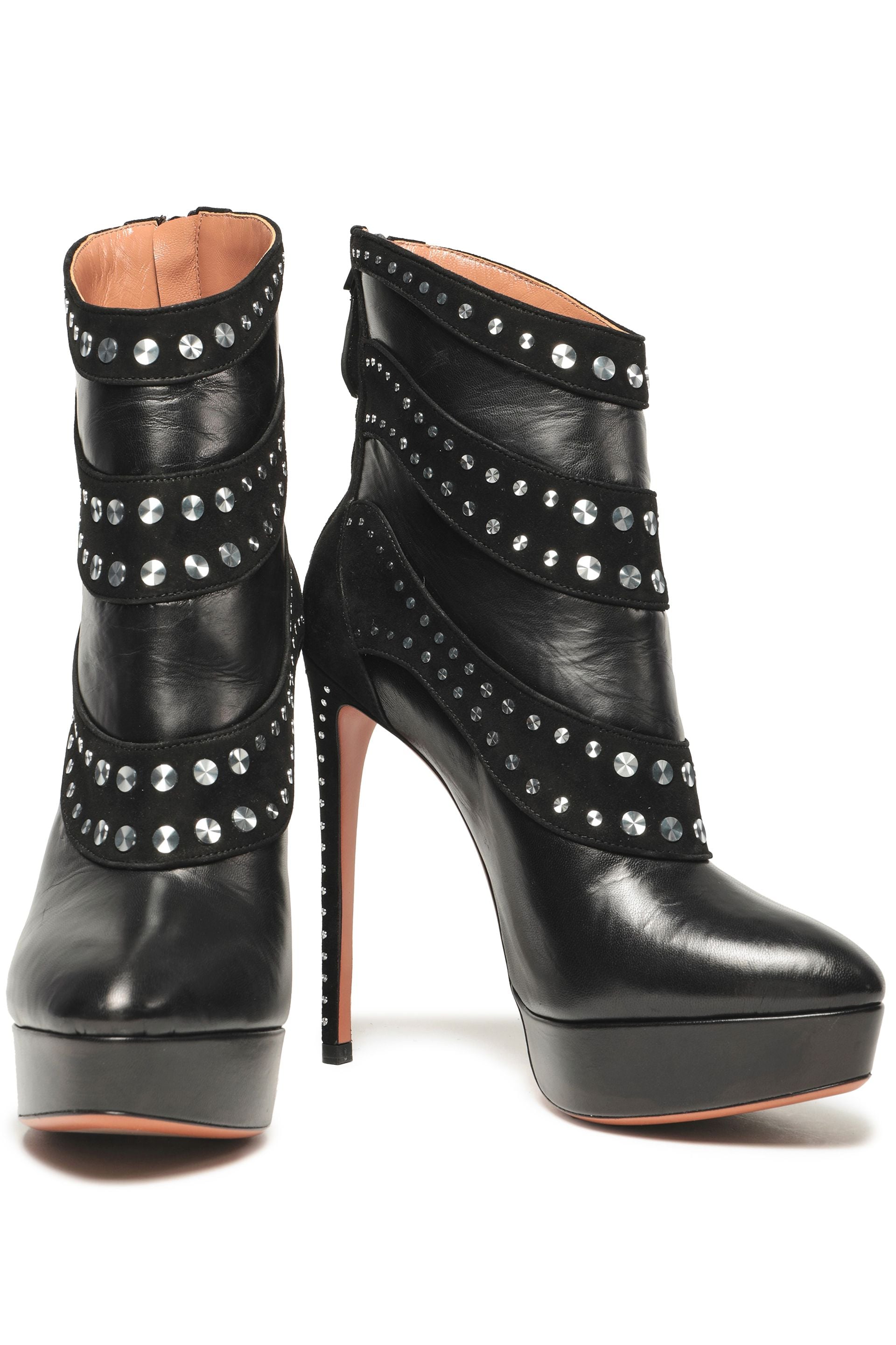 Alaïa Studded Suede-Paneled Leather Platform Ankle Boots Alaïa Studded Suede-Paneled Leather Platform Ankle Boots