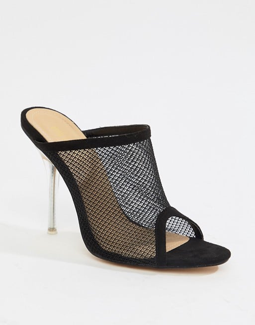 Public Desire Goalz Black Mesh Clear Heeled Mules