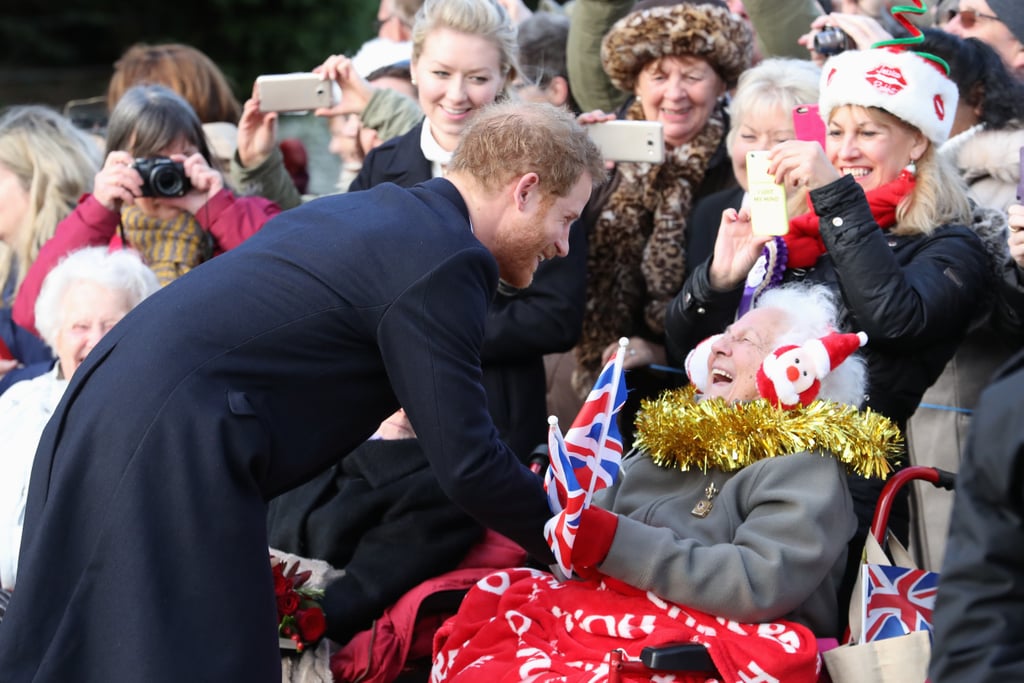 Prince Harry knelt to greet well-wishers outside of church in 2016.