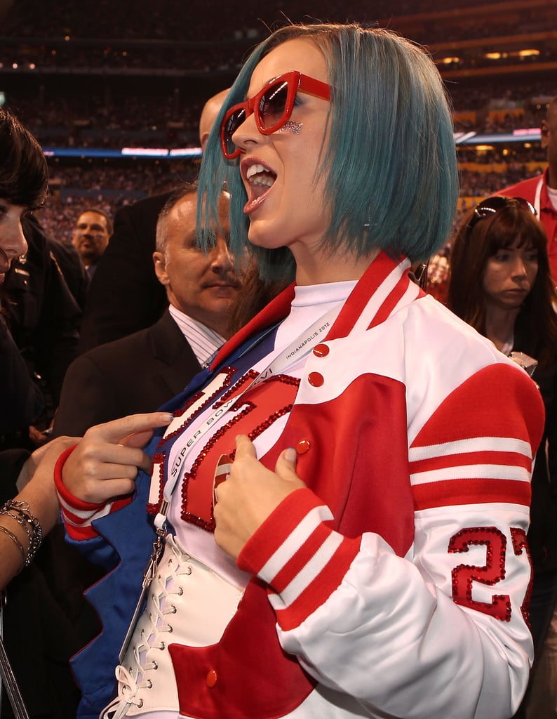 Katy Perry attended the 2012 Bridgestone Super Bowl XLVI Pregame Show in Indiana rocking a blue 'do.