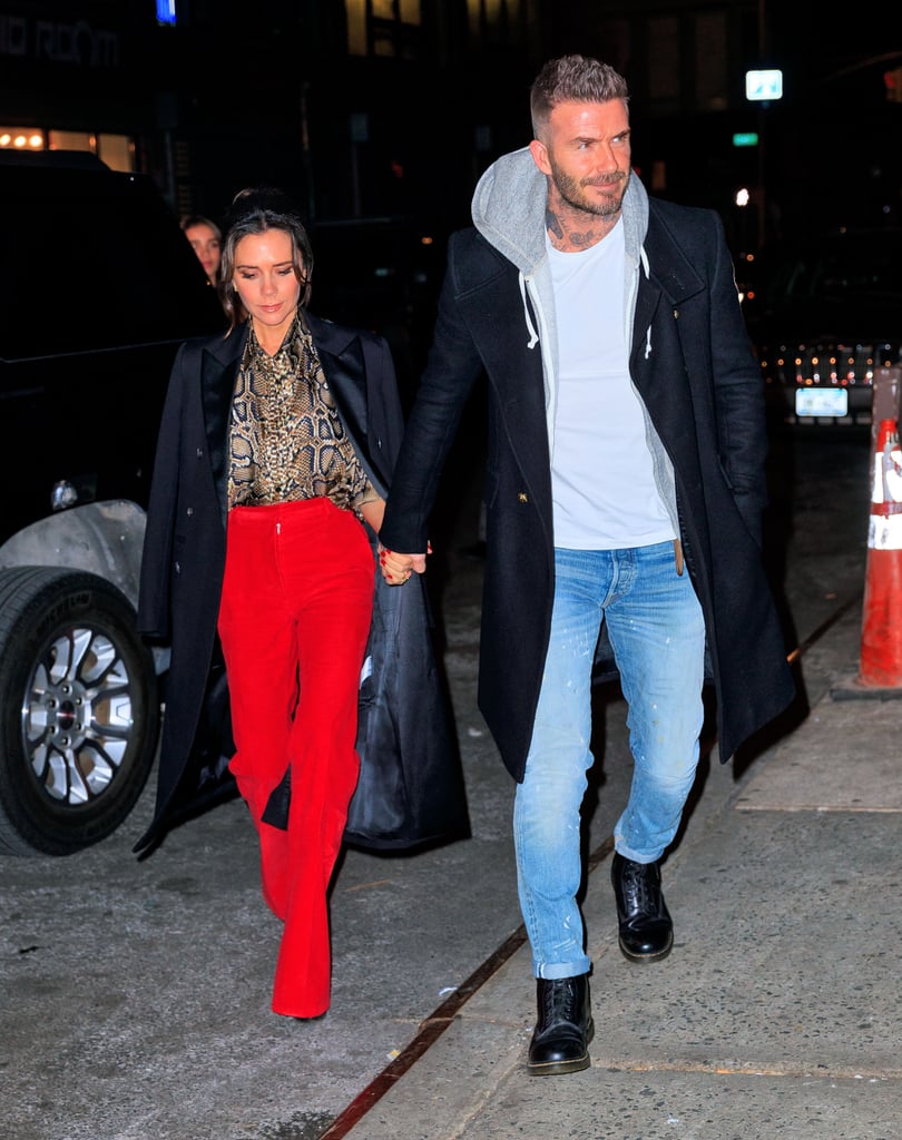 Victoria Beckham Red Pants and Snakeskin Blouse January 2019